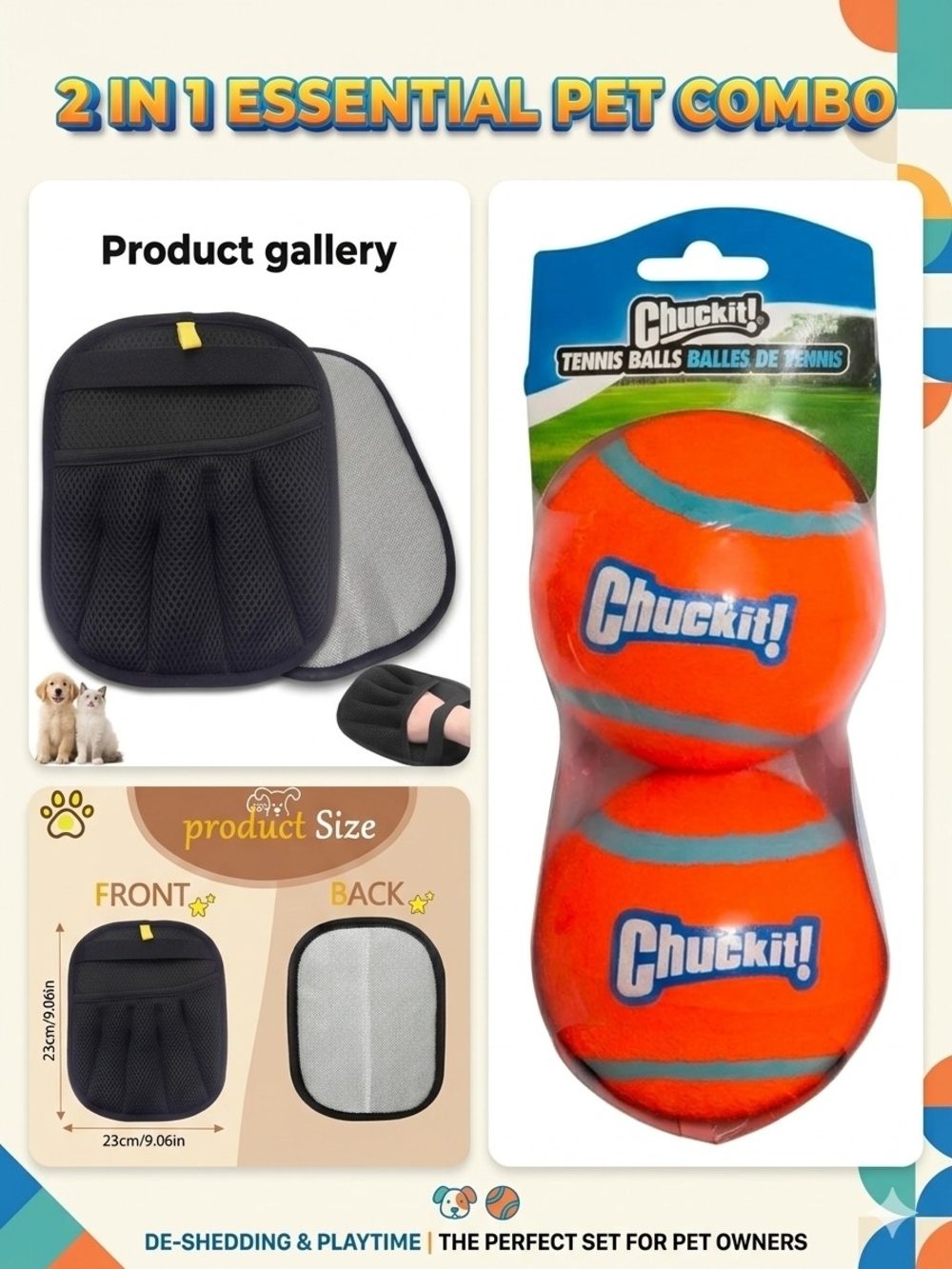 Chuckit Tennis Balls 2-Pack & Pet Grooming Glove Mitt Combo Bundle Set - NEW